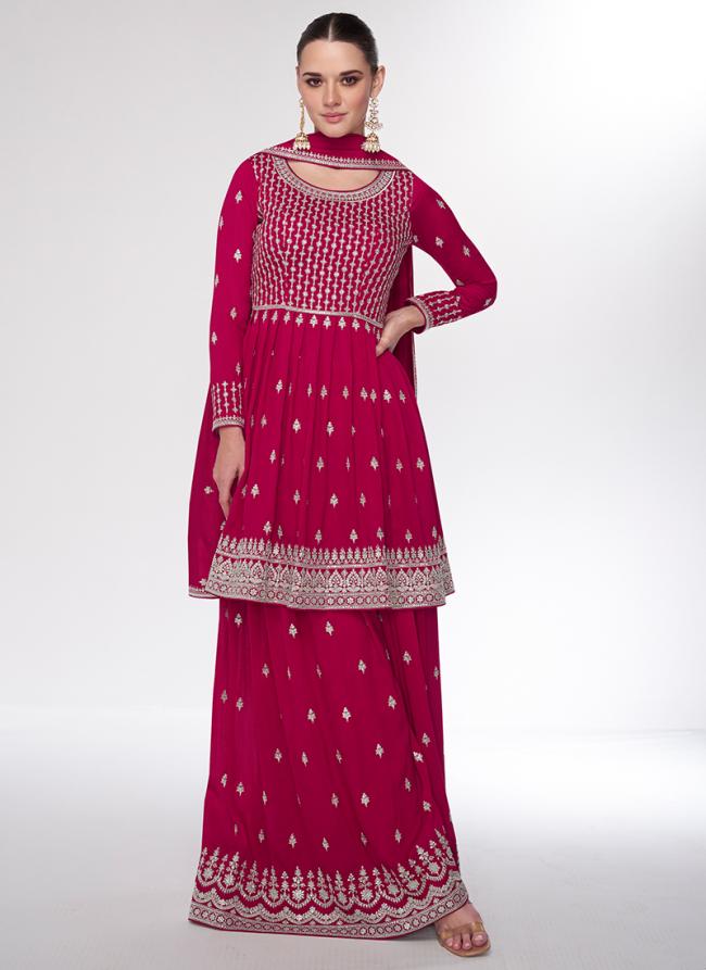 Silk Hot Pink Wedding Wear Embroidery Work Readymade Sharara Suit